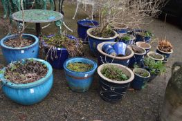 A large quantity of blue and turquoise glazed plant pots.