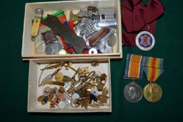 A group of medals, badges, cufflinks etc., the medals relating to Second Lieutenant R E Brown.