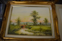 Three decorative oil paintings depicting river landscapes.