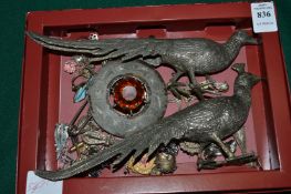 Decorative jewellery and a pair of plated cock and hen pheasants.