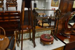 A jardiniere stand, a towel rail and a Victorian bead work upholstered stool.