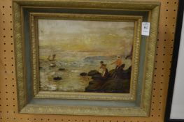 A small coastal landscape with sailing ship and two female figures on a rocky outcrop, oil on board,