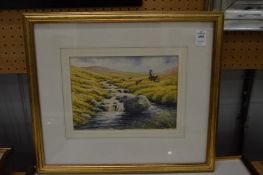 Andy Beck, grouse in flight and fox on open moorland, watercolours (2).