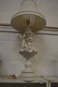 A white porcelain lamp base modelled as two children and fruit.