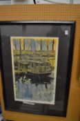 Paul Hipkiss, boats Oosterdok, Amsterdam, coloured woodcut print, variation 2, No.1 signed and