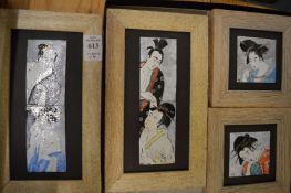 A group of Japanese enamel portrait plaques, framed.