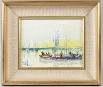 SOUTH EAST ASIAN SCHOOL (20TH CENTURY) Fishing boats at sunset' oil on board 22 x 23cm