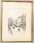 C J LAUDER Busy shopping street watercolour signed 34 x 23cm (a/f lacks glass)