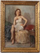 MID-20TH CENTURY Woman seated in a bedroom oil on panel signed indistinctly 41 x 30cm