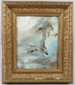 W E POWELL Mallard ducks in flight watercolour label verso 24 x 19cm