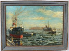 KARL MULLER (1865-1942) Port of Hamburg oil on board signed 42.5 x 60.5cm