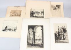 20TH CENTURY SCHOOL Collection of six etchings include one of the cloisters at Winchester College,