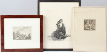 AFTER REMBRANDT Self portrait print by Rae Boer 21 x 16cm two other prints landscape and woman and