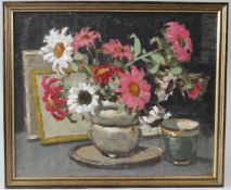 CIRCLE OF WALTER TAYLOR Still life of flowers in a jug and picture frames oil on paper 28.5 x 34.