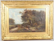 JOSEPH THORS (1835-1920) Woodcutter off a woodland path oil on canvas signed 50 x 75cm