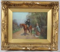 JOHN SANDERSON WELLS (1872-1955) Gentleman on horseback greeting a lady at a garden gate oil on