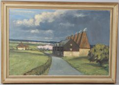 MARTIN WALTON Oast houses and other buildings in a Kentish landscape oil on canvas signed 51 x 76cm