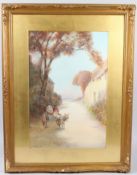 JOHN WHITE (1851-1933) 'Seatown Dorset' couple on a donkey cart watercolour signed 53 x 35cm