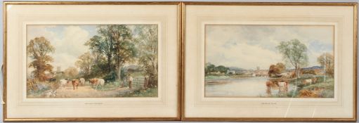 DAVID BATES (1841-1921) 'Brecon in the Usk' and 'Lane near Tewkesbury' cattle in a lane and watering