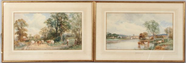 DAVID BATES (1841-1921) 'Brecon in the Usk' and 'Lane near Tewkesbury' cattle in a lane and watering