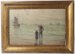 ALFONS COGEN (1842-1921) Figures on a beach pointing out to sea oil on canvas signed inscribed verso
