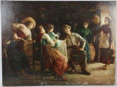 CONTINENTAL SCHOOL Interior scene of people toasting a child oil on canvas unframed 76 x 101cm