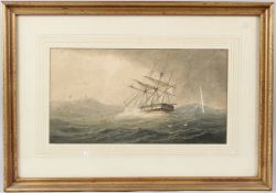 MARITIME SCHOOL (20TH CENTURY) Three mast sailing ship in rough seas watercolour 19 x 35cm