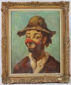 M HERTY Portrait of a boy clown oil on canvas signed 49 x 39cm