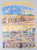 20TH CENTURY Beach scenes two gouaches on paper signed indistinctly unframed 25.5 x 36.5cm (2)