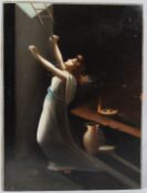 CONTINENTAL SCHOOL Interior scene of a classical Greek woman reaching towards a skylight oil on