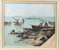 MAURICE MENARDEAU (1897-1977) Fishermen on a shoreline possibly Mauritius oil on board signed 45 x
