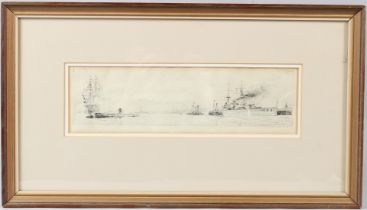 WILLIAM LIONEL WYLLIE (1851-1931) HMS Renown leaving Portsmouth Harbour drypoint signed (feint) 7.