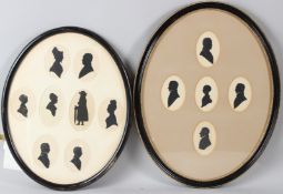 TWO 19TH CENTURY FAMILY GROUP SILHOUETTES of eight and five profile portraits in two oval frames