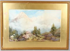 ENGLISH TOPOGRAPHICAL SCHOOL (19TH CENTURY) Alpine scene with campsite watercolour 39 x 63.5cm