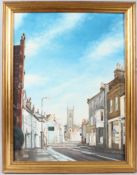 LES WHITE View of Hampton with St Mary's Church from Thames Street oil on canvas board signed and