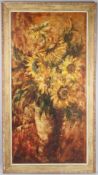 JACQUI NEWMAN Sunflowers oil on board signed 121 x 59cm