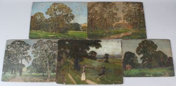 ALFRED EAST (1844-1913) Figures in a landscape oil on panel signed and four other similar by