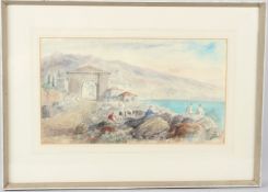 GEORGE WEISSBORT (1928-2013) View of a coastal bay with children playing on rocks watercolour 23 x