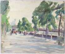 MODERN BRITISH SCHOOL Thames Embankment oil on board inscribed indistinctly verso unframed 50.5 x