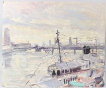 MODERN BRITISH SCHOOL View of the Thames with house boat in the foreground oil on board unframed