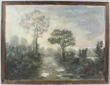 GEORGE WEISSBORT (1928-2013) Figures on a tree lined path oil on board 44.5 x 60cm