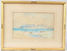 ALFRED EAST Coastal scene with figures and donkeys on a sandy shore probably Gibraltar from