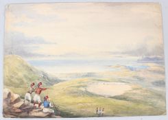 TURKISH / MIDDLE EASTERN SCHOOL (19TH CENTURY) View of a distant harbour with soldiers on lookout