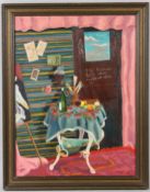 MARRECO Interior with scene with table and artists easel oil on board signed indistinctly 51 x 38cm