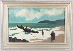 POSSIBLY IRISH SCHOOL (20TH CENTURY) Coastal scene with men and a boat oil on board 34 x 54cm