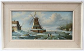J LAFRANC Dutch winter landscape oil on board signed 23 x 49cm