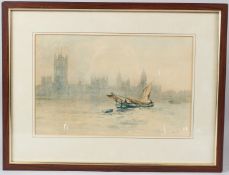 J.F. BARRY PITTAR (1880-1948) Sailing barge on the River Thames with the Houses of Parliament colour
