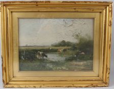 DUTCH SCHOOL (19TH CENTURY) Landscape with cows watering oil on canvas (a/f) signed indistinctly and