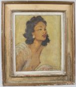 ATTRIBUTED TO JEAN GABRIEL DOMERGUE (1889-1962) Portrait of a semi nude woman oil on canvas signed