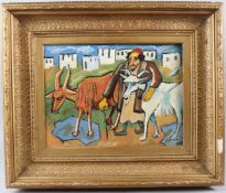 MANNER OF MARCEL JANCO Man and goats in a village oil on canvas 29 x 39cm